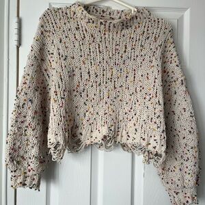 Distressed Cream Knit Sweater with Rainbow Speckles